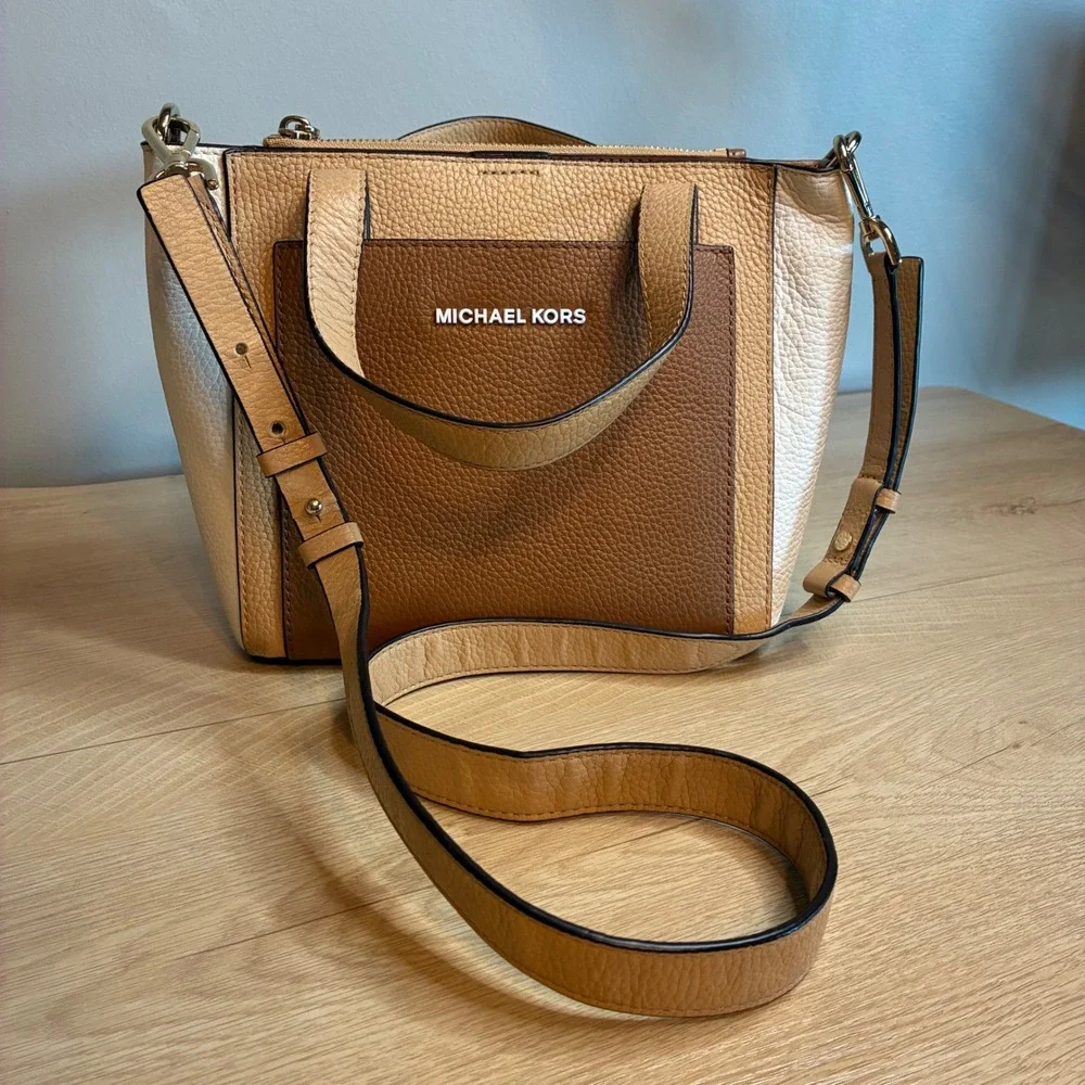 Michael Kors Small Tri-Color Pebbled Leather Satchel Crossbody Bag Tan Brown